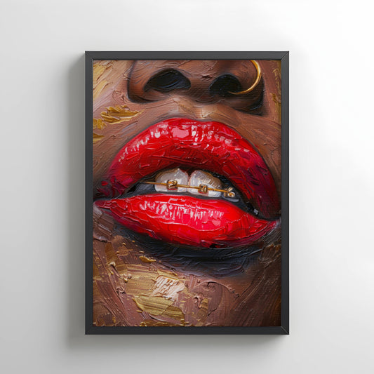 Black Woman Red Lips Gold Braces Wall Art